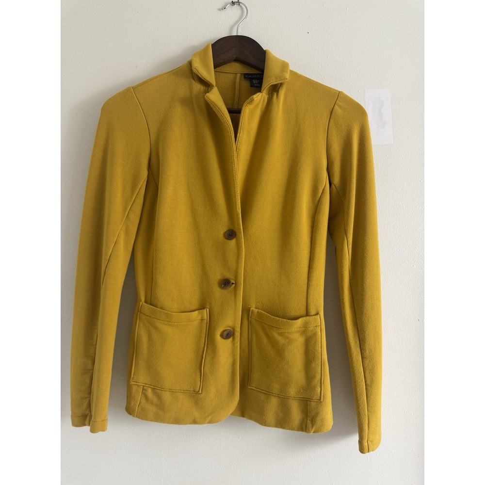 Tahari Womens XS Mustard Yellow Knit Blazer Jacket Button Front Stretch Pockets